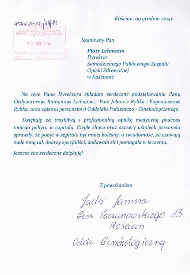 Podziękowanie dla pracowników oddziału położniczo-ginekologicznego za fachową opiekę. 