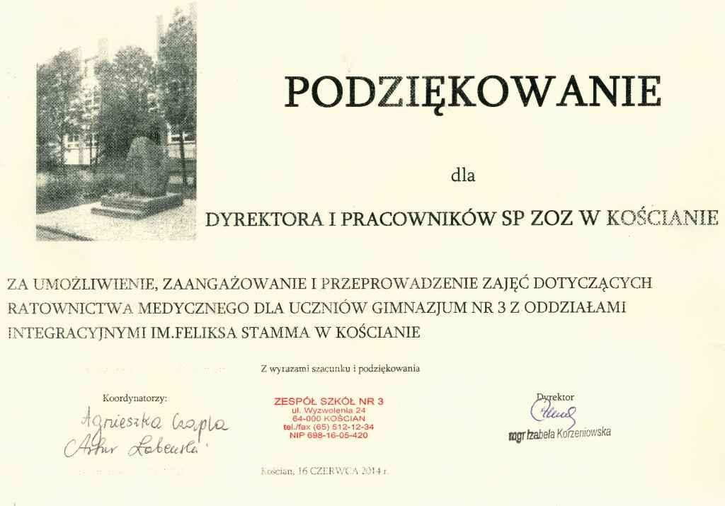 Podziękowanie dla dyrektora i pracowników za przeprowadzenie zajęć dotyczących ratownictwa medyczneg